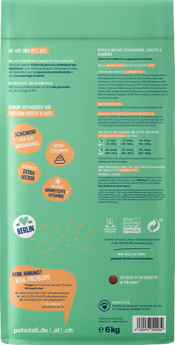 Bild 2 von Pets Deli Trockenfutter Ente & Hirsch mit Süßkartoffel, Karotte & Blaubeere, 6 kg