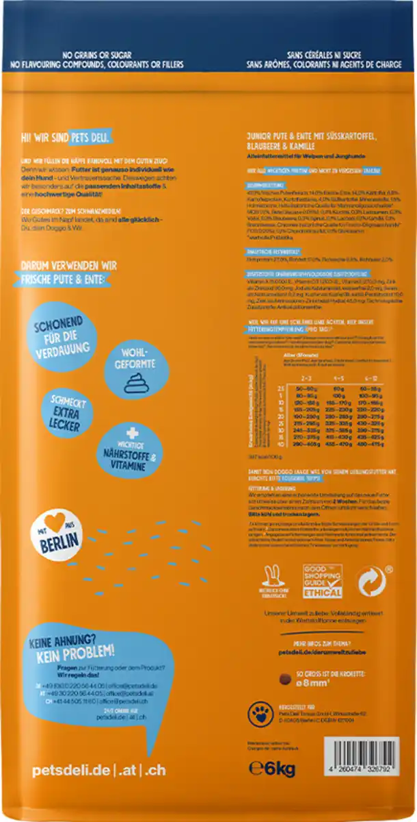 Bild 2 von Pets Deli Trockenfutter Junior Pute mit Ente, Süßkartoffel, Blaubeere und Kamille, 6 kg