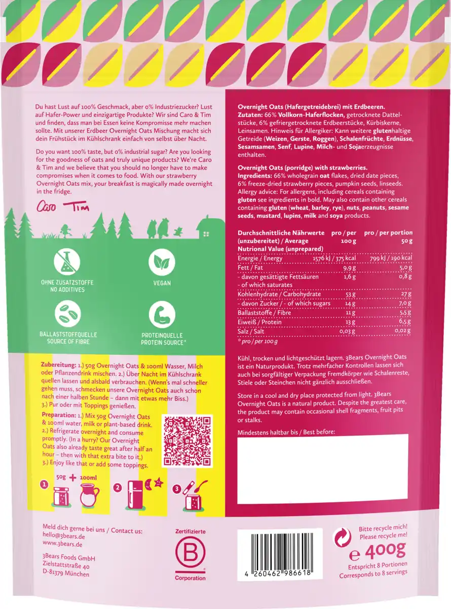 Bild 2 von 3Bears Overnight Oats Edle Erdbeere, 400 g