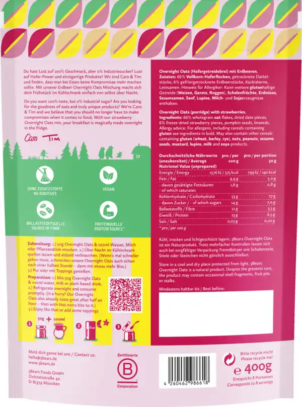 Bild 2 von 3Bears Overnight Oats Edle Erdbeere, 400 g