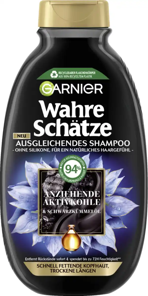 Bild 1 von Garnier Wahre Schätze Shampoo Aktivkohle & Schwarzkümmelöl Fettige Kopfhaut & Trockene Längen, 250 ml