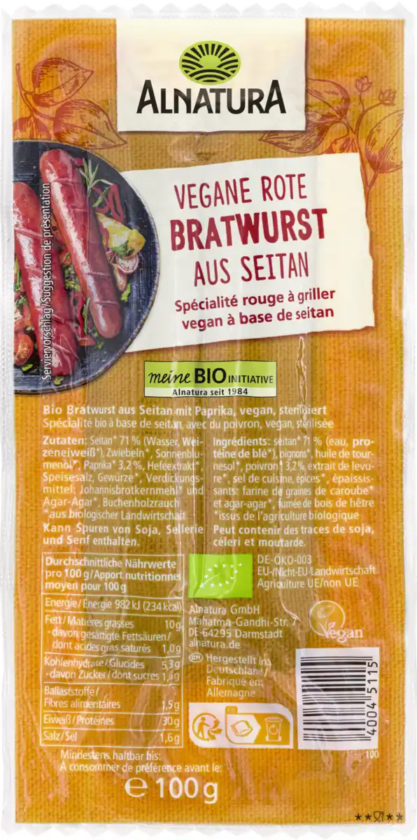 Bild 1 von Alnatura Bio Rote Bratwurst aus Seitan (haltbar), 100 g