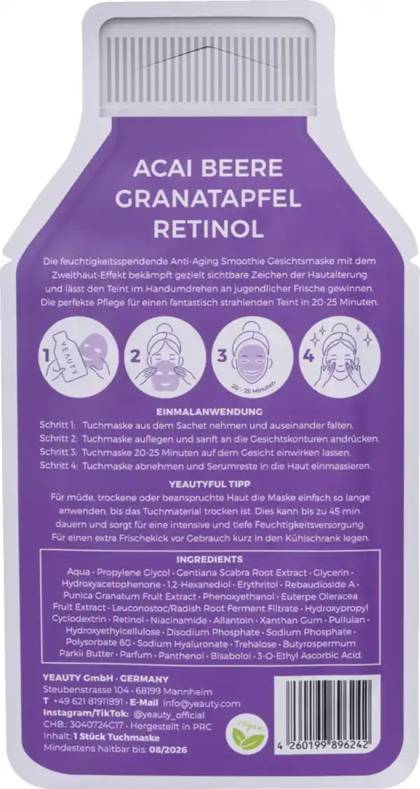 Bild 2 von YEAUTY Tuchmaske Acai Berry-Pomegranate-Retinol