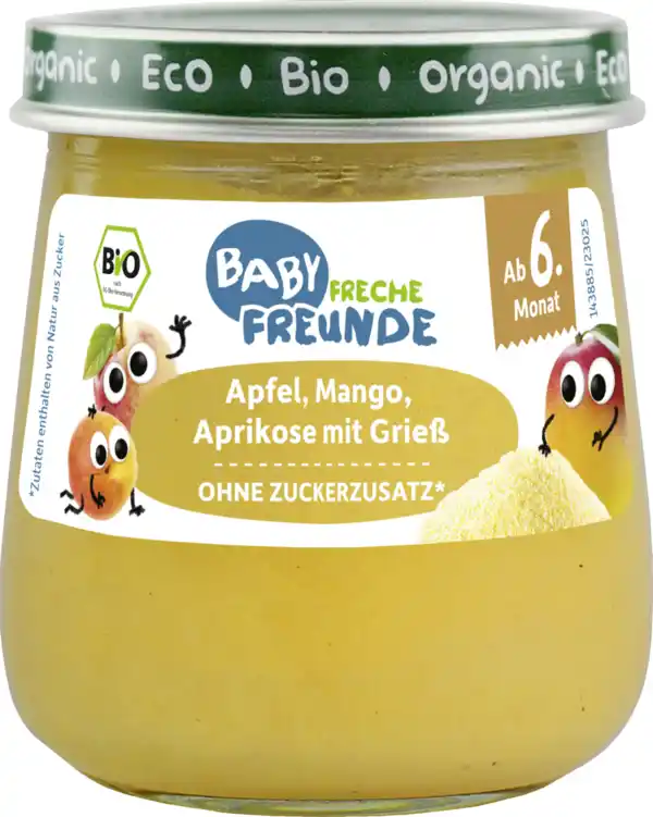 Bild 1 von Freche Freunde Bio Gläschen Apfel Mango Aprikose mit Grieß ab 6. Monat, 120 g