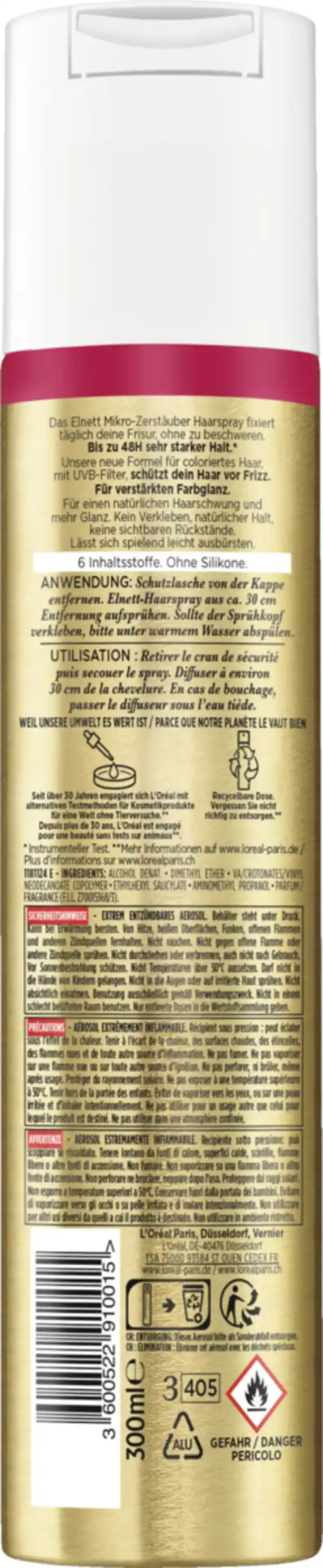 Bild 2 von L’Oréal Paris Elnett Ultra-Feines Haarspray Farbschutz Sehr starker Halt, 300 ml