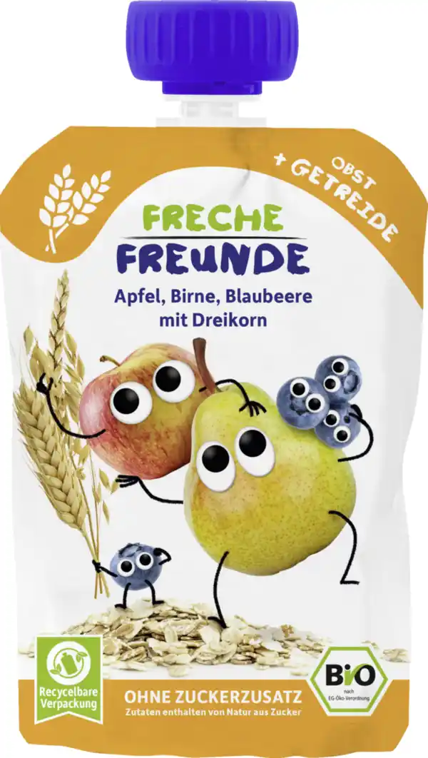 Bild 1 von Freche Freunde Bio Quetschie Apfel, Birne, Blaubeere mit Dreikorn, 100 g