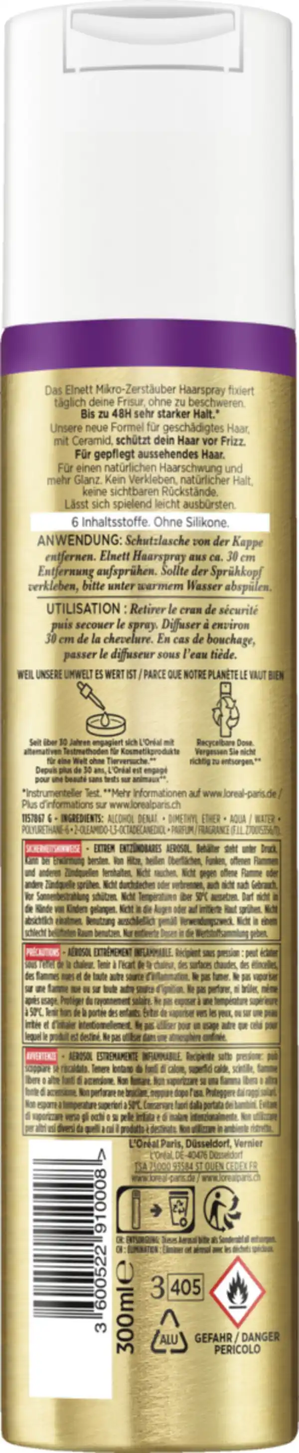 Bild 2 von L’Oréal Paris Elnett Ultra-Feines Haarspray Halt & Schutz Sehr starker Halt, 300 ml