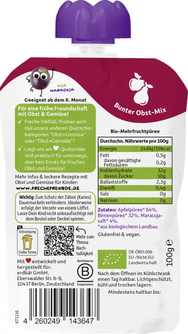 Bild 2 von Freche Freunde Bio Quetschie Apfel, Birne & Maracuja, 100 g