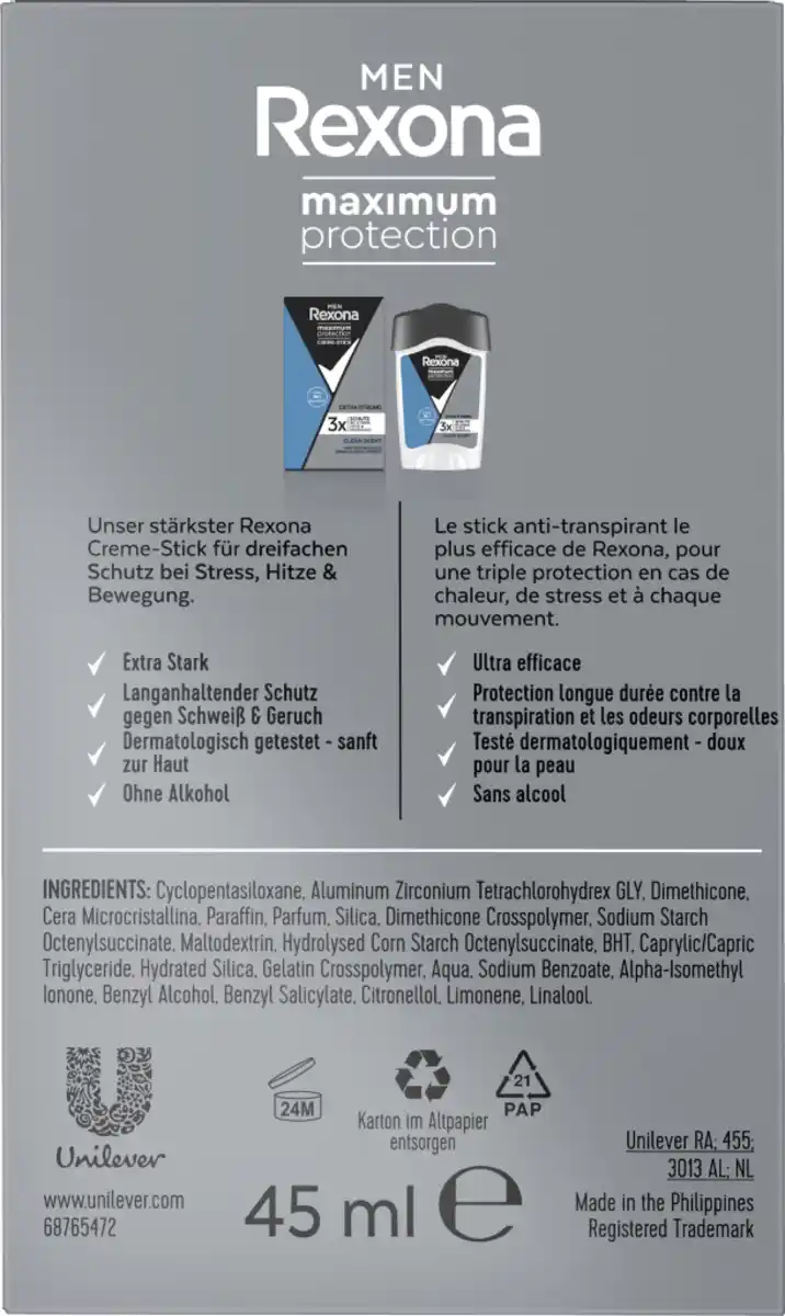 Bild 2 von Rexona Men Maximum Protection Deo Creme Clean Scent, 45 ml