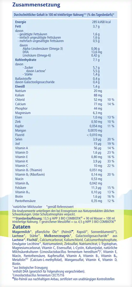 Bild 2 von HiPP Bio Folgemilch 3 BIO Combiotik ab dem 10. Monat, 600 g