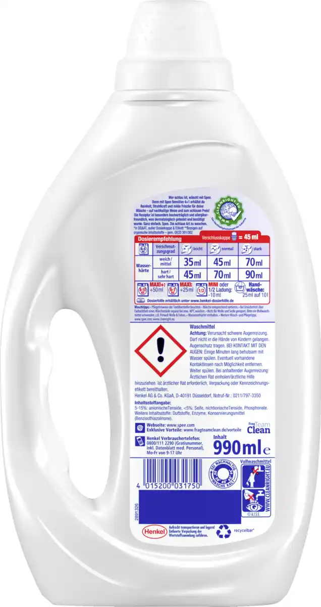 Bild 2 von Spee Sensitivwaschmittel Flüssig Aloe Vera & Mandelmilch 22 WL