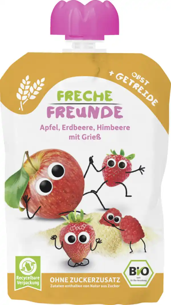 Bild 1 von Freche Freunde Bio Quetschie Apfel, Erdbeere, Himbeere mit Grieß, 100 g