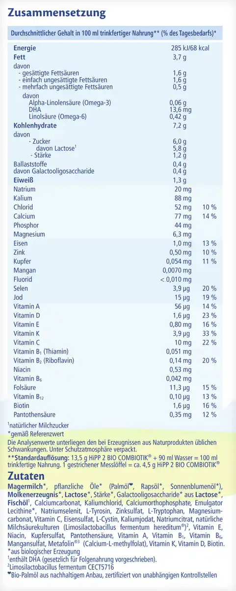 Bild 2 von HiPP Bio Combiotik Folgemilch 2 ab dem 6. Monat, 600 g