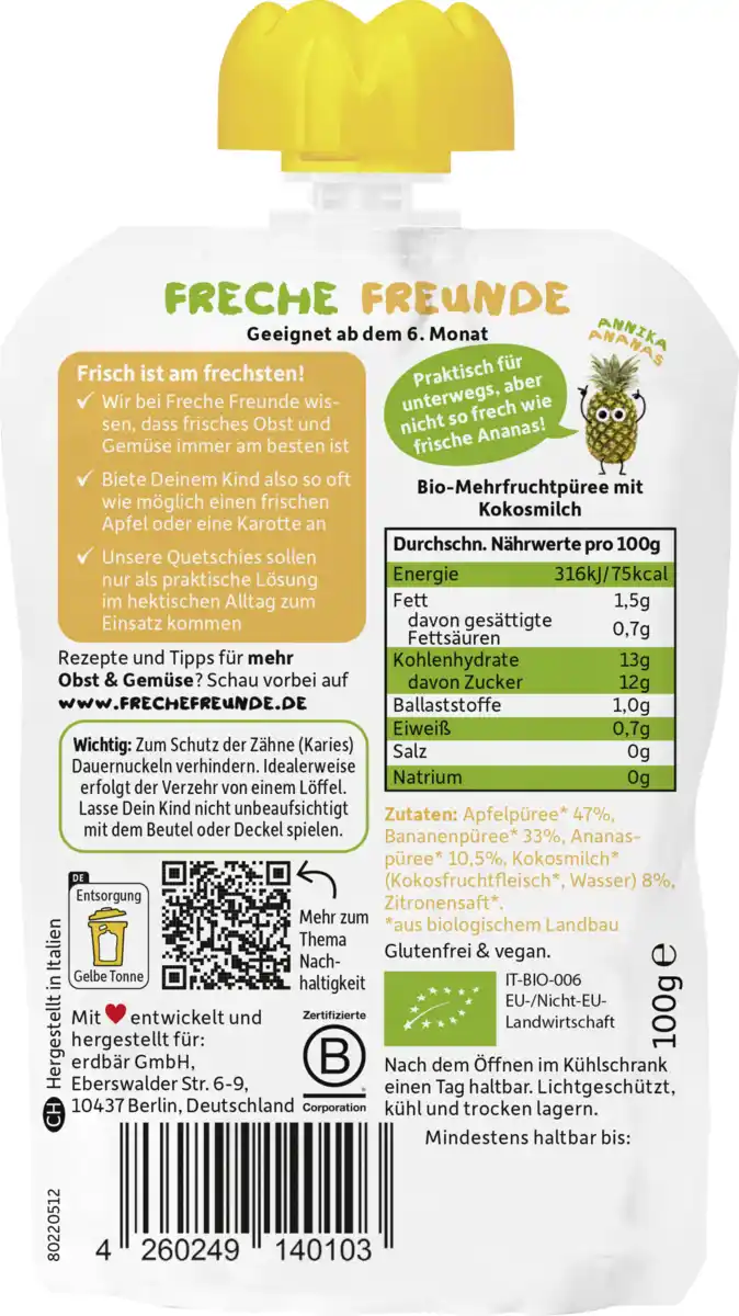 Bild 2 von Freche Freunde Bio Quetschie Apfel, Banane, Ananas & Kokosnuss, 100 g