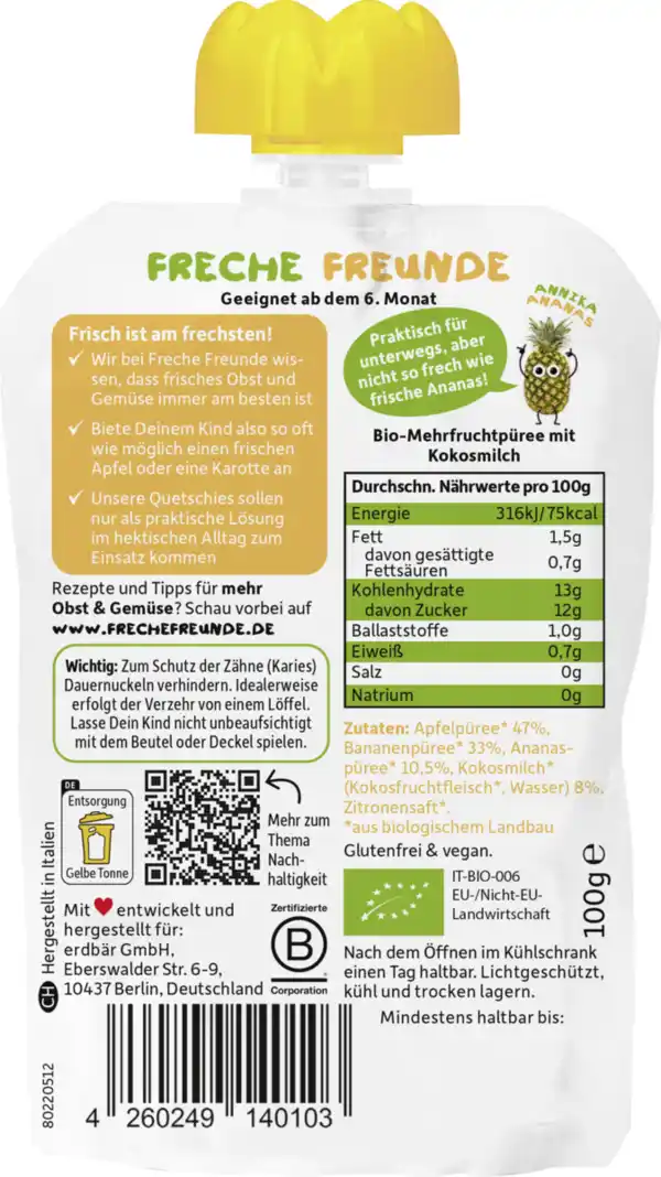 Bild 2 von Freche Freunde Bio Quetschie Apfel, Banane, Ananas & Kokosnuss, 100 g