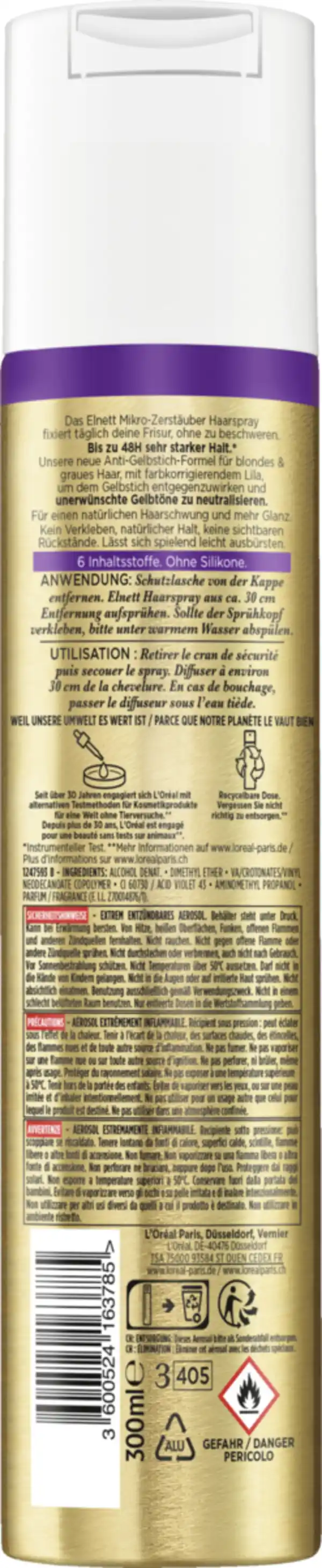 Bild 2 von L’Oréal Paris Elnett Ultra-Feines Haarspray Anti-Gelbstich Sehr starker Halt, 300 ml