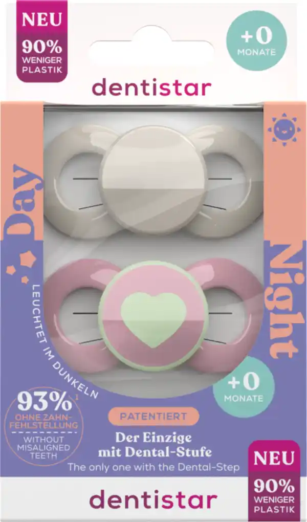 Bild 1 von Dentistar Day & Night Beruhigungssauger 0-6 Monate Beige/Rosa Herz