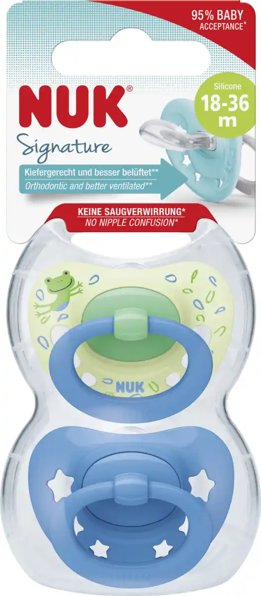 Bild 1 von NUK Signature Silikon-Schnuller, blau & grün, 18-36 Monate