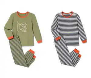 2 Kleinkinder-Pyjamas, blau gestreift und olivgrün