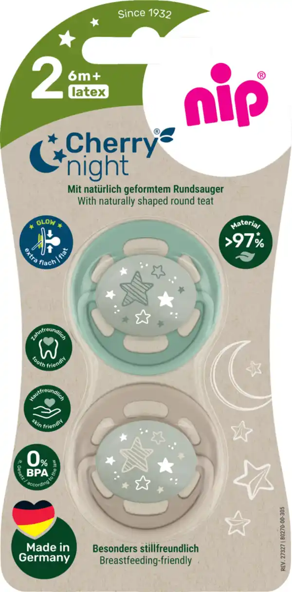 Bild 1 von nip Cherry® Night Greenline Schnuller Gr. 2 (ab 6+ Monaten); Blau/Braun