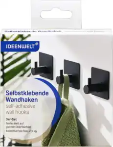 IDEENWELT Selbstklebende Wandhaken 3er-Set schwarz