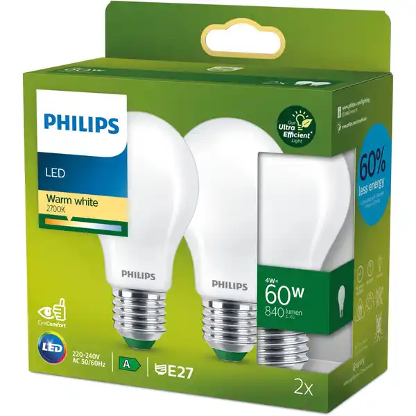 Bild 1 von Philips LED-Leuchtmittel ultraeffizient E27 Glühlampenform 4W 840lm 2er Set