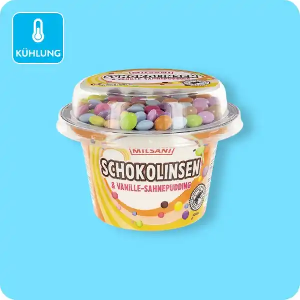 Bild 1 von MILSANI Sahnepudding mit Süßigkeiten, Schokolinsen & Vanille-Sahnepudding oder Schokolinsen & Schoko-Sahnepudding