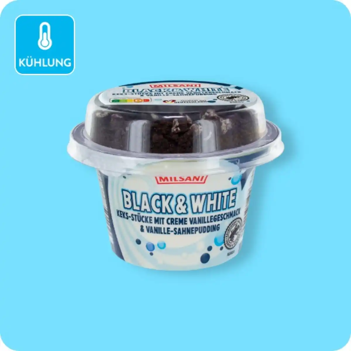 Bild 1 von MILSANI Sahnepudding mit Süßigkeiten, Black & White (Keks-Stücke mit Creme-Vanille-Geschmack & Vanille-Sahnepudding) oder Triple-Choc (Schokoladen-Keks-Stücke & Schoko-Sahnepudding)