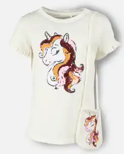 Mädchen T-Shirt mit kleiner Tasche und Paillettenprint Weiß