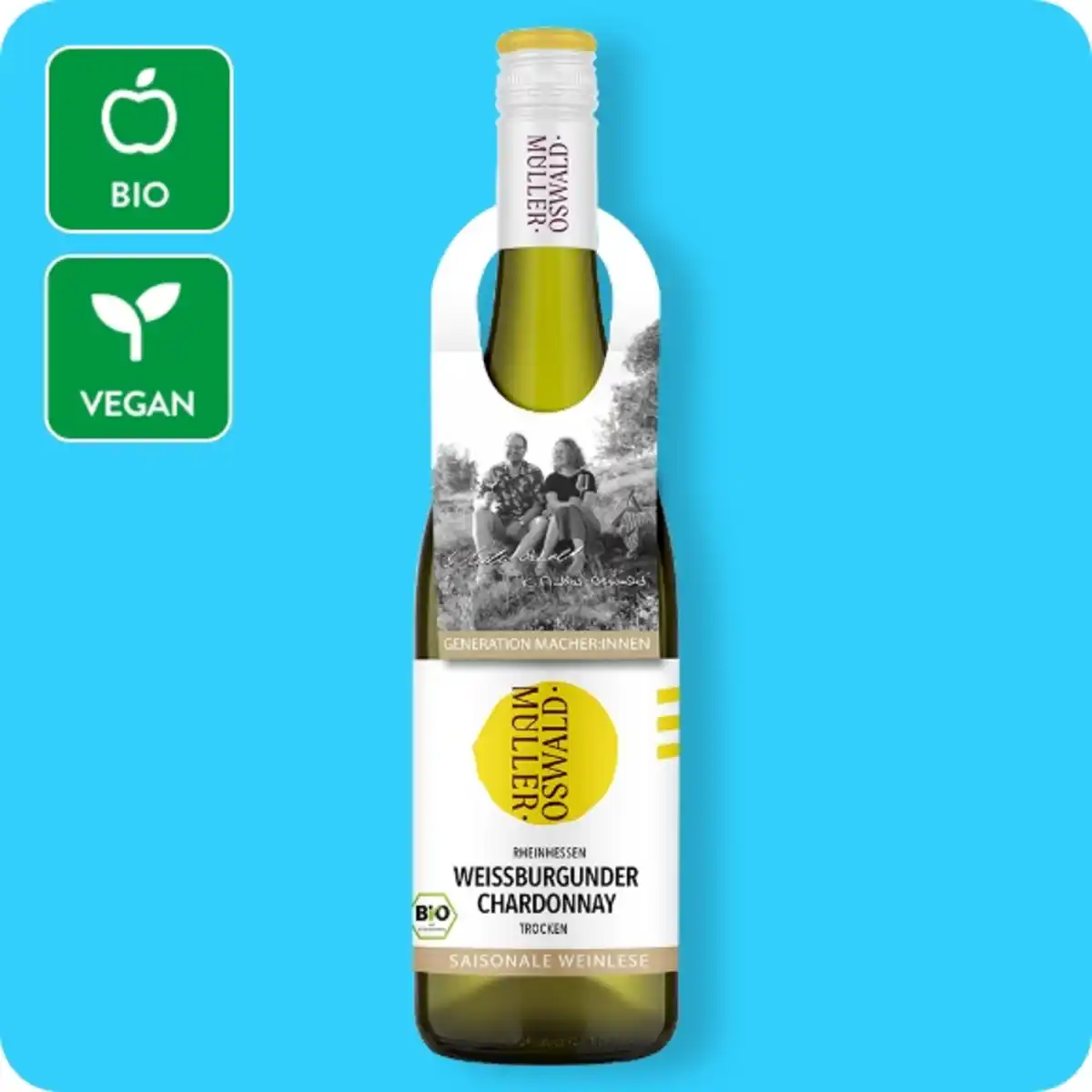 Bild 1 von Rheinhessen, trocken, 88+ Punkte im falstaff-Tasting, je 0,75-l-Flasche, l-Preis 4.52 2024 Müller-Oswald – Bio-Weißburgunder Chardonnay QbA