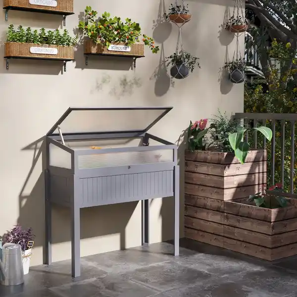 Bild 2 von Hochbeet Holz mit Frühbeet 2-in1 Gewächshaus Tomatenhaus Gemüsebeet Kräuterbeet Pflanzkasten für Garten Balkon und Terrasse Polycarbonat Grau 120 x 54 x 112/122 cm