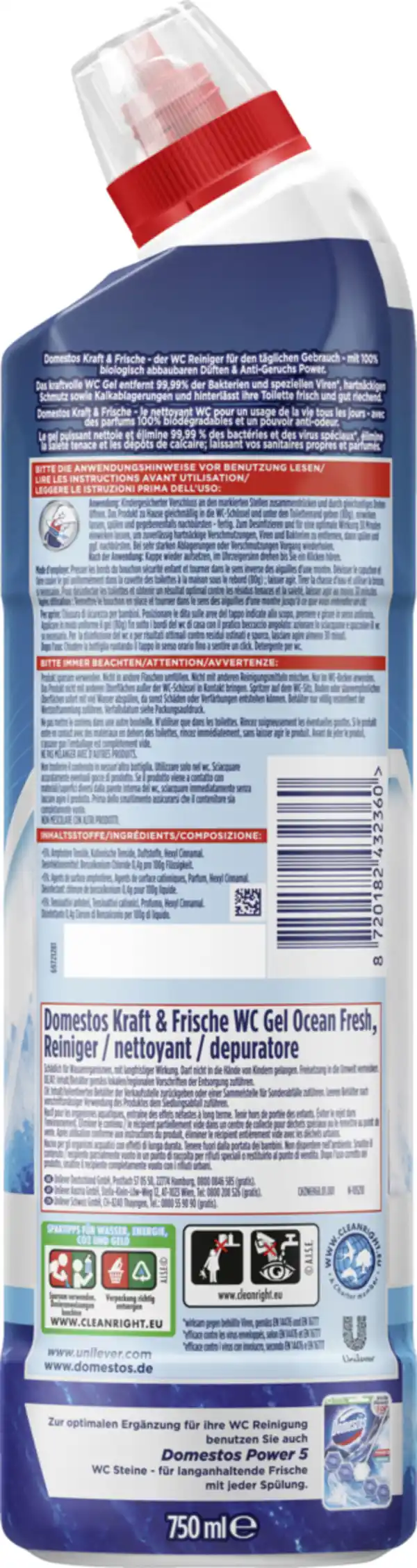 Bild 2 von Domestos Kraft & Frische WC-Gel Ocean Fresh, 750 ml