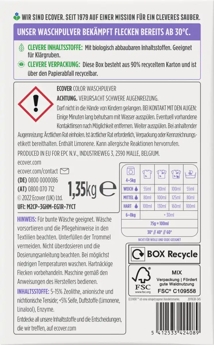 Bild 2 von Ecover Colorwaschmittel Pulver Lavendel & Eukalyptus 18 WL