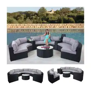 Luxus Poly-Rattan-Garnitur Lier, Sitzgruppe Lounge-Set, XXL Sofa rund, anthrazit Kissen grau