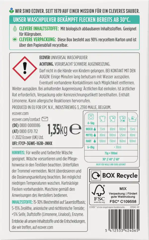 Bild 2 von Ecover Universalwaschmittel Pulver Lavendel & Eukalyptus 18 WL