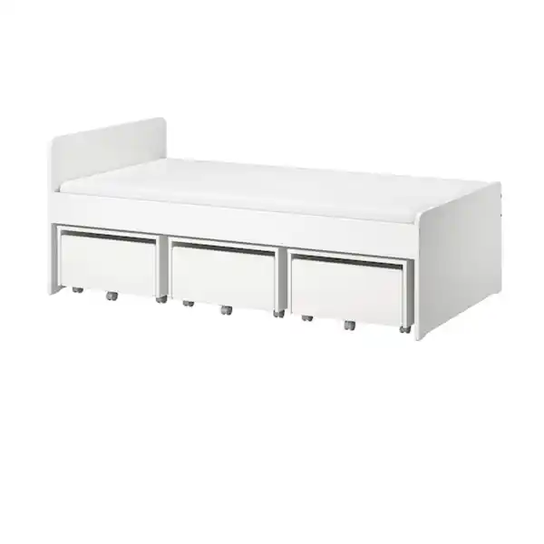 Bild 1 von SLÄKT Bettgestell mit 3 Aufbewahrungen, weiß 90x200 cm