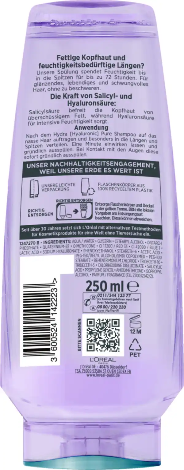 Bild 2 von L’Oréal Paris Elvital Hydra Hyaluronic Pure 72H Feuchtigkeitsspendende Spülung, 250 ml