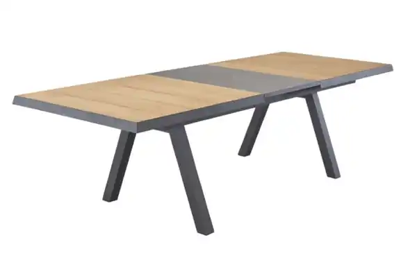 Bild 3 von Ausziehtisch Kumasi, Aluminiumgestell dunkelgrau/Platte Keramikfliesen grau/Teakholz natur