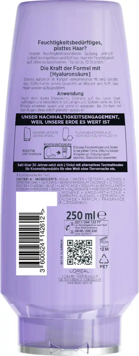 Bild 2 von L’Oréal Paris Elvital Hydra Hyaluronic 72H Feuchtigkeits-Versiegelnde Spülung, 250 ml