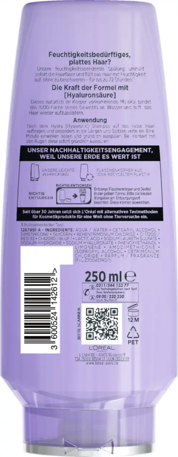 Bild 2 von L’Oréal Paris Elvital Hydra Hyaluronic 72H Feuchtigkeits-Versiegelnde Spülung, 250 ml