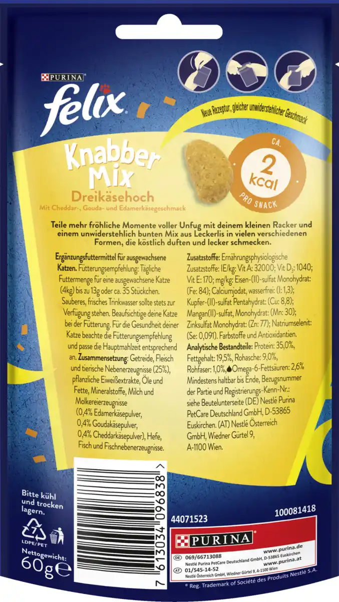 Bild 2 von Felix Knabber Mix Leckerlis Dreikäsehoch mit Cheddar,- Gouda- & Edamerkäsegeschmack, 60 g