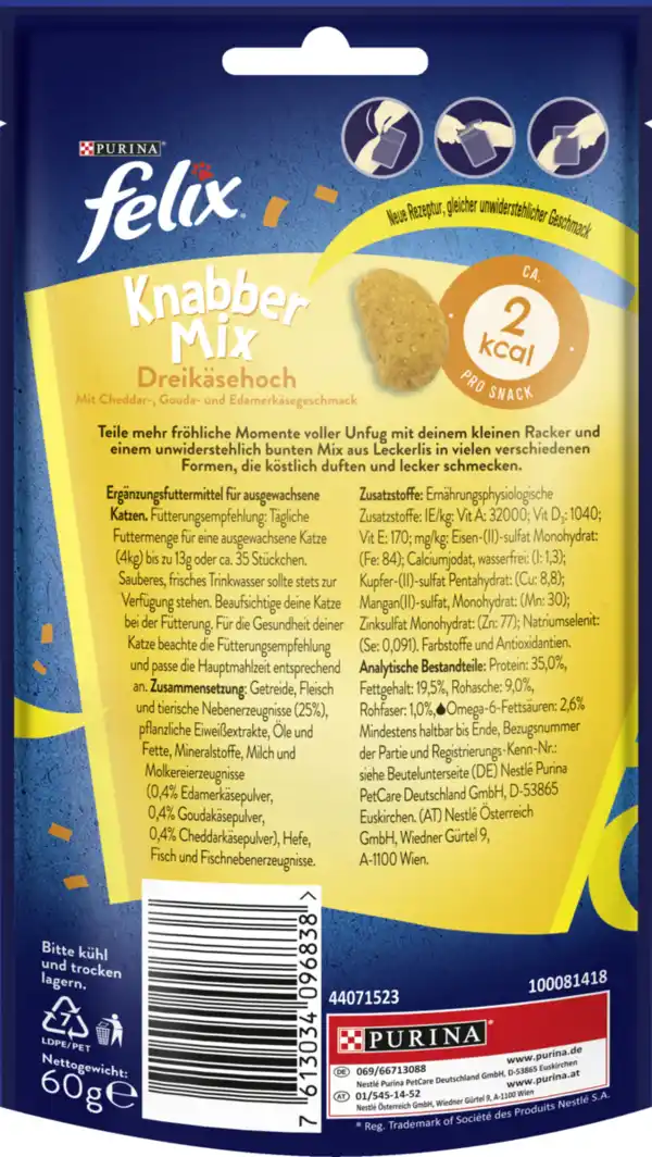 Bild 2 von Felix Knabber Mix Leckerlis Dreikäsehoch mit Cheddar,- Gouda- & Edamerkäsegeschmack, 60 g