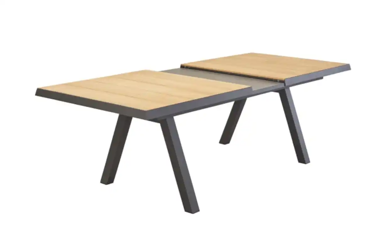 Bild 2 von Ausziehtisch Kumasi, Aluminiumgestell dunkelgrau/Platte Keramikfliesen grau/Teakholz natur