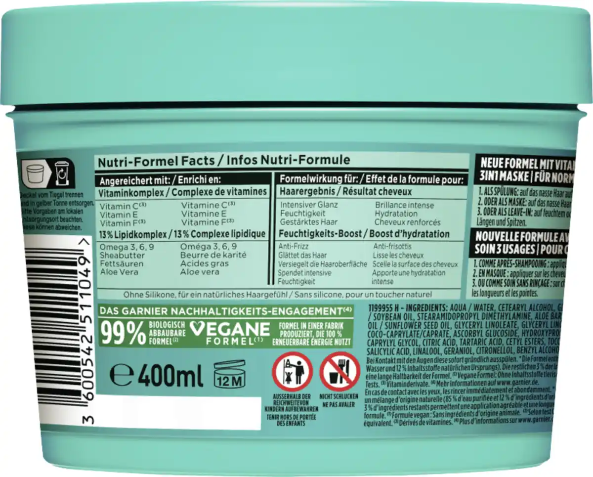 Bild 2 von Garnier Fructis Haarkur Aloe Vera Hair Food 3in1 Maske Normales & Trockenes Haar, 400 ml