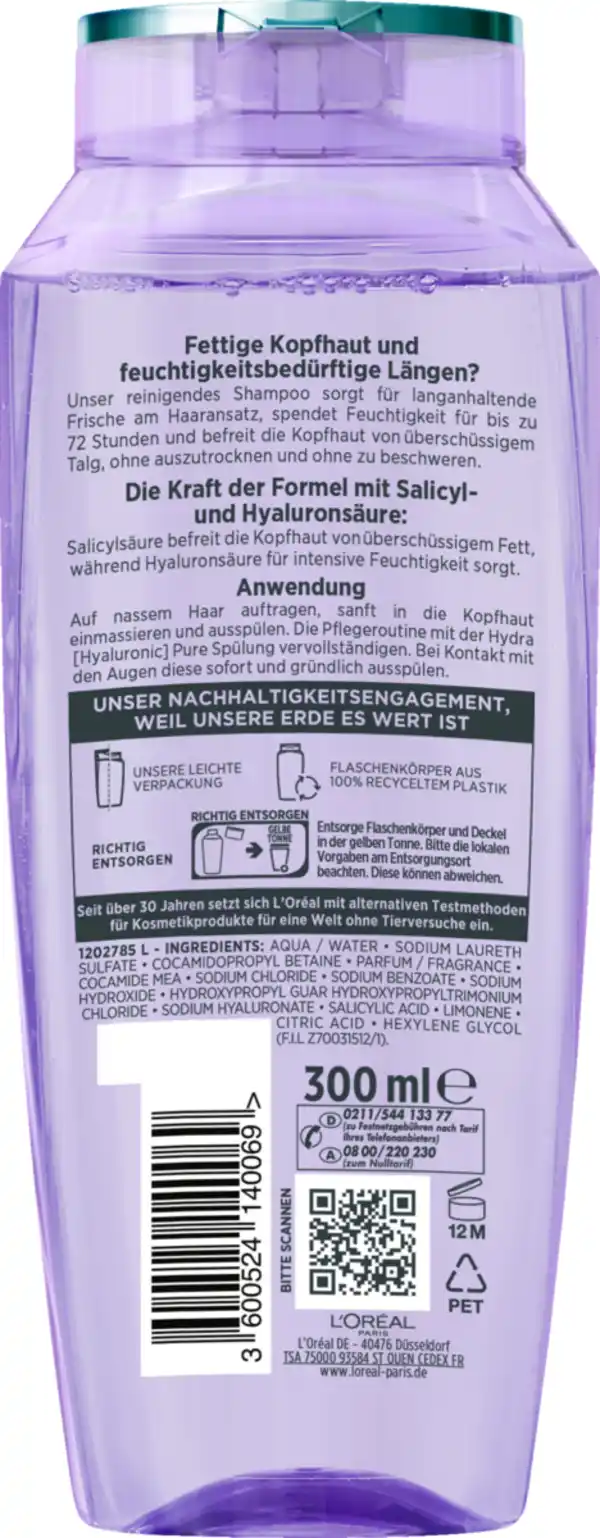Bild 2 von L’Oréal Paris Elvital Hydra Hyaluronic Pure 72H Entfettendes Shampoo, 300 ml