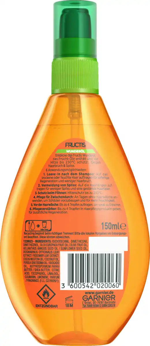 Bild 2 von Garnier Fructis Hitzeschutzspray Anti-Spliss Wunder-Öl Stark Stark Geschädigtes Haar, 150 ml