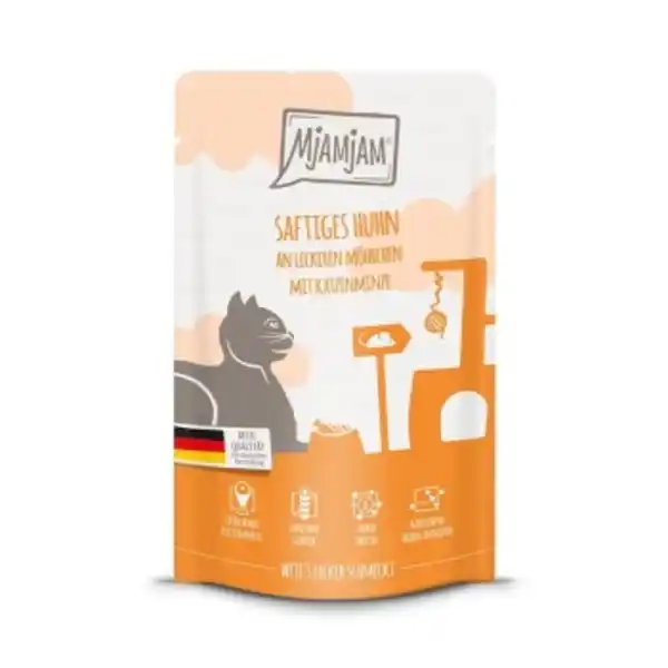 Bild 1 von MjAMjAM Nassfutter Katze Adult, Quetschie, Huhn & Möhrchen 12x125 g