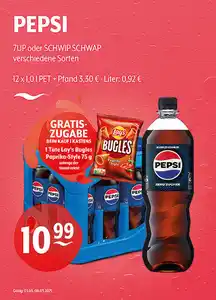 PEPSI 7UP oder SCHWIP SCHWAP verschiedene SortenGratis beim Kauf eines Kastens: 1 Tüte Lay's Bugles Paprika-Style 75 g, nur solange der Vorrat reicht.