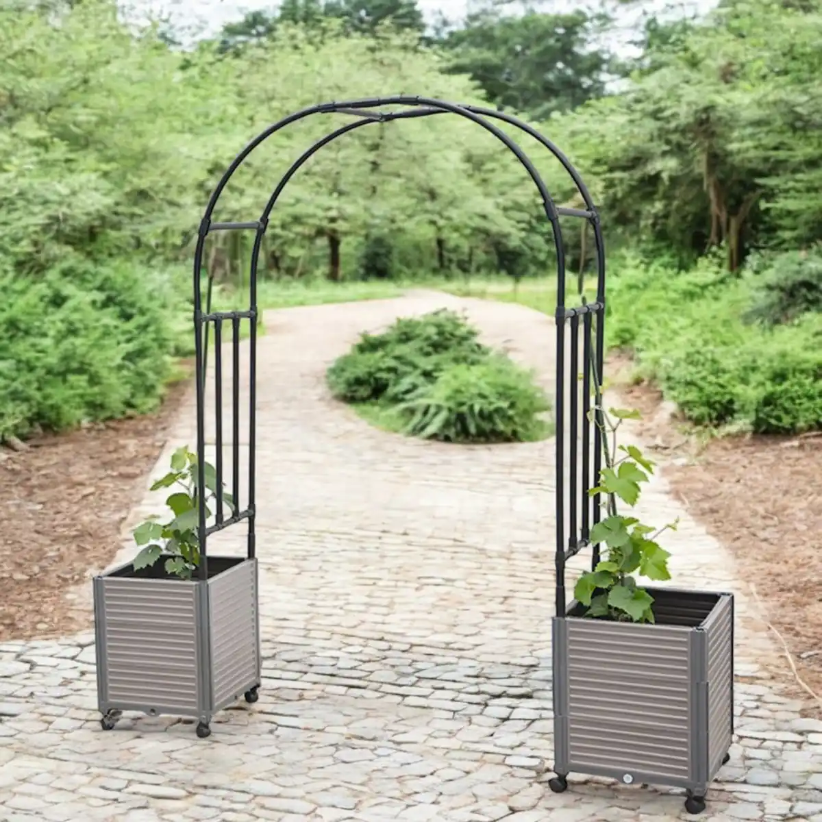Bild 2 von Metall Rankgitter in Bogenform mit 2 Pflanzgefäße auf Rollen, ca. 120 x 240 cm - Grau/Schwarz