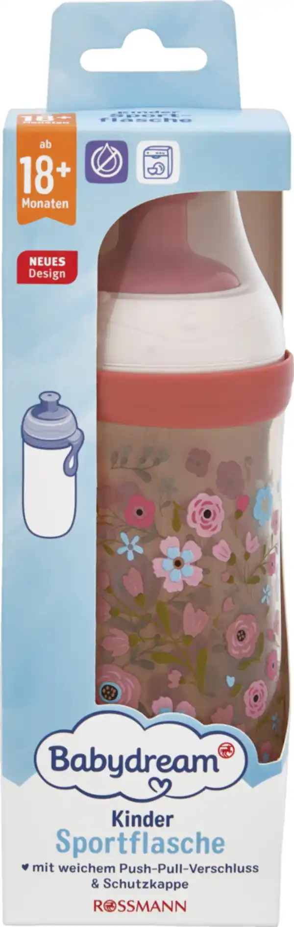 Bild 1 von Babydream Trinkflasche mit Pop-Up-Verschluss 360 ml, ab 18 Monate Blümchen